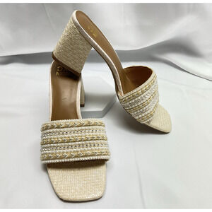 Madden NYC Women’s 10 Woven Block Heel Sandals Beige Slip-On Slides Square Toe